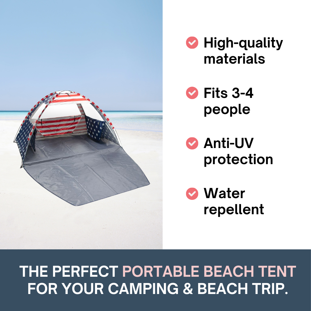 American Flag Portable Beach Tent Anti UV for 3-4 Person – Premium Beach Tent Sun Shelter with 3 Large Mesh Windows