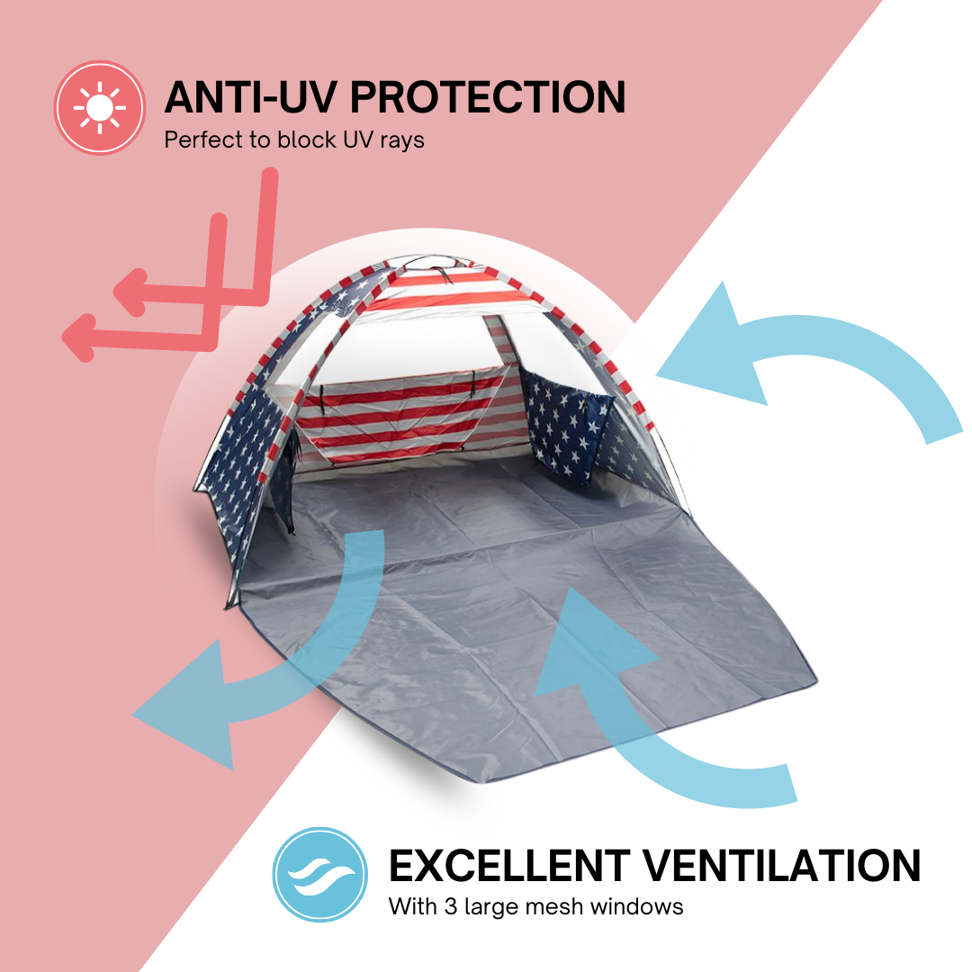 American Flag Portable Beach Tent Anti UV for 3-4 Person – Premium Beach Tent Sun Shelter with 3 Large Mesh Windows