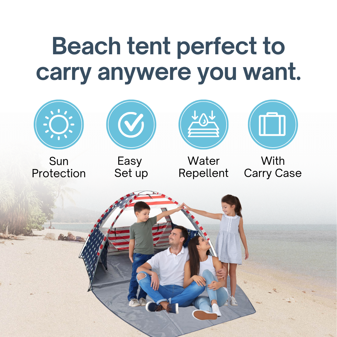American Flag Portable Beach Tent Anti UV for 3-4 Person – Premium Beach Tent Sun Shelter with 3 Large Mesh Windows