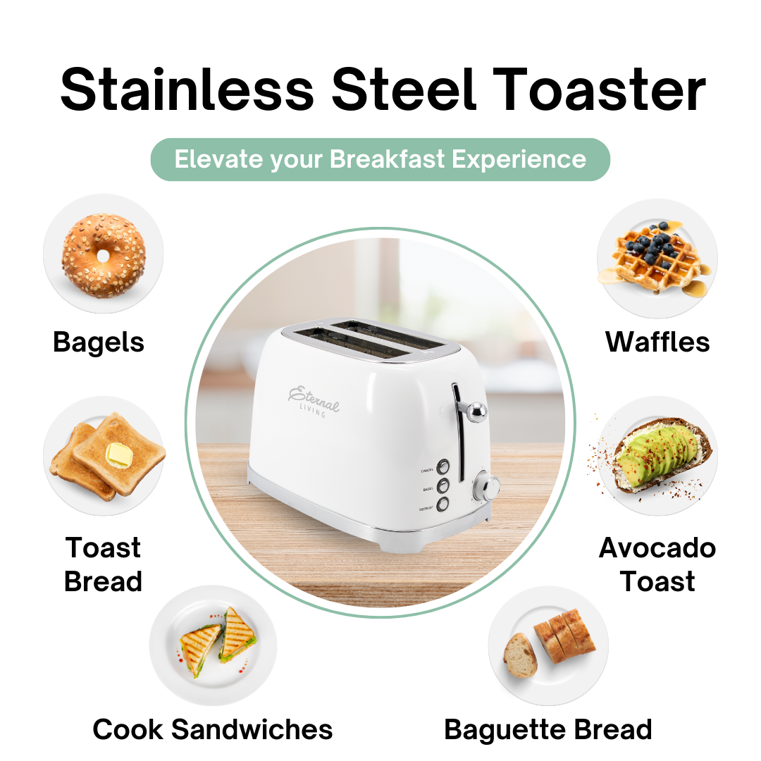 Stainless Steel 2-Slice Toaster with Extra-Wide Slots & 6 Browning Settings – Bagel, Defrost, and Reheat Functions