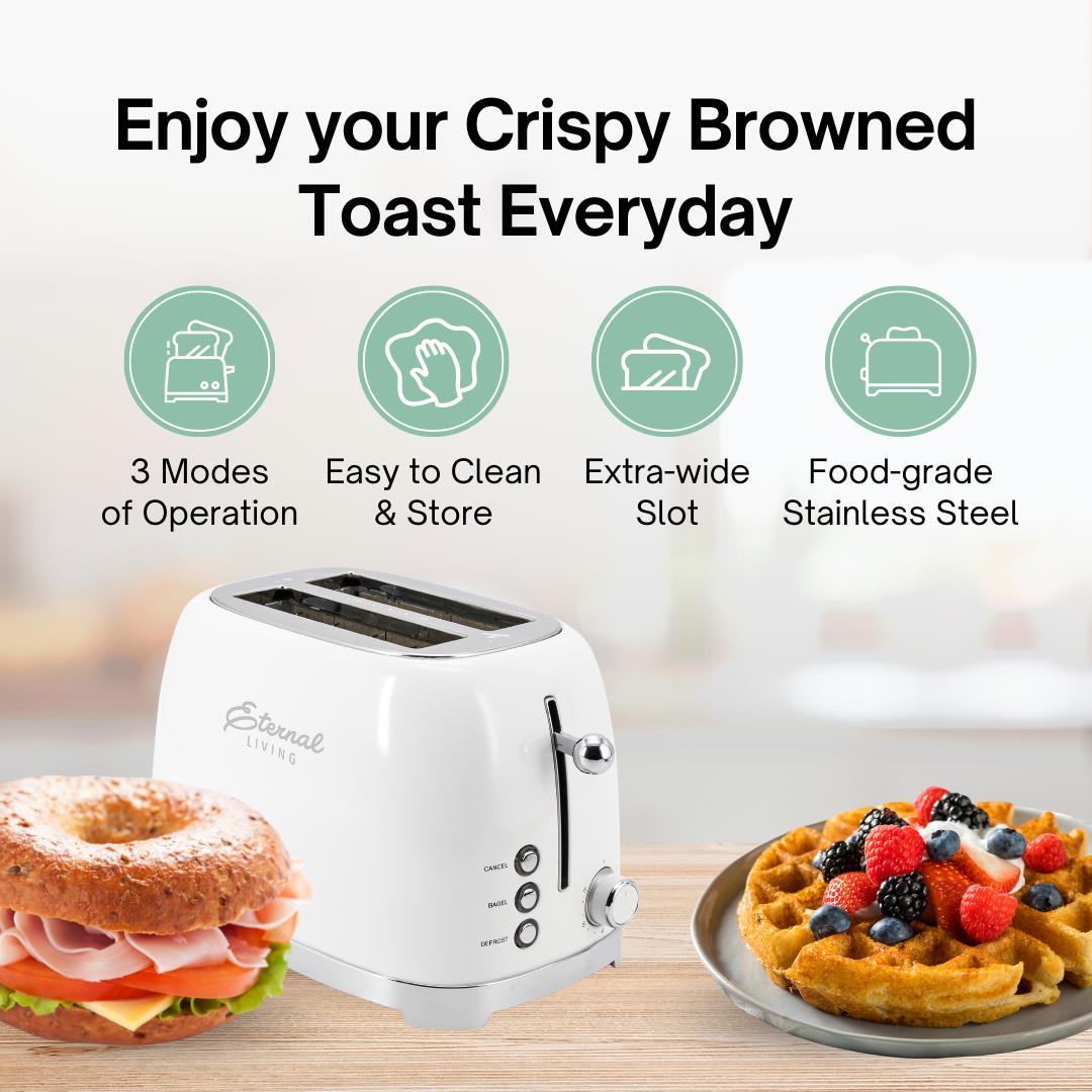 Stainless Steel 2-Slice Toaster with Extra-Wide Slots & 6 Browning Settings – Bagel, Defrost, and Reheat Functions