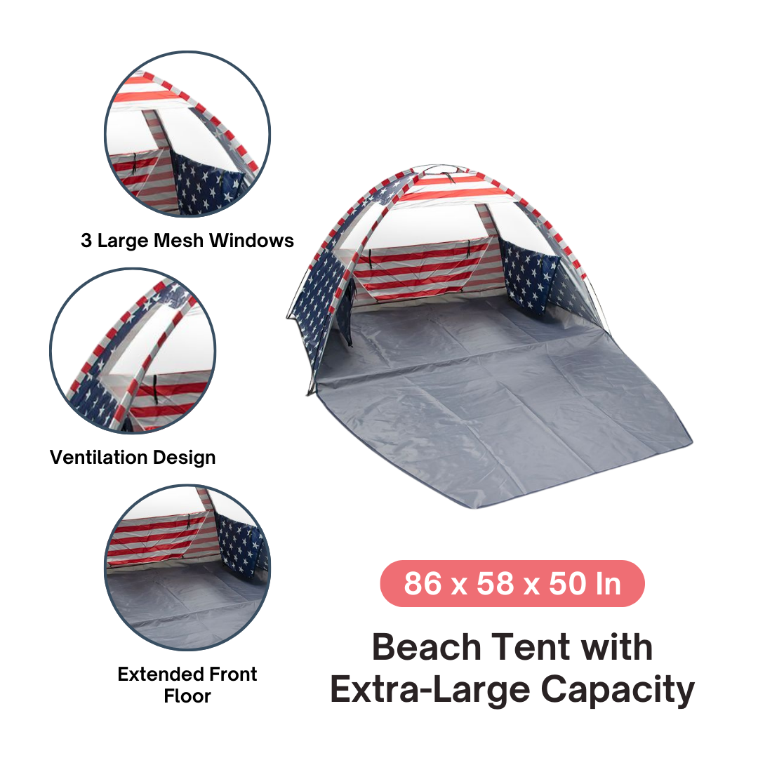 American Flag Portable Beach Tent Anti UV for 3-4 Person – Premium Beach Tent Sun Shelter with 3 Large Mesh Windows