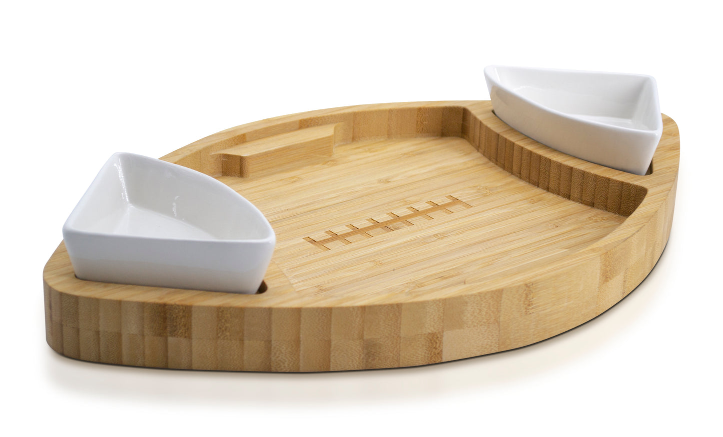 Football Shaped Bamboo Serving Tray with Ceramic Dip Bowls – Perfect for Game Day Appetizers & Snacks