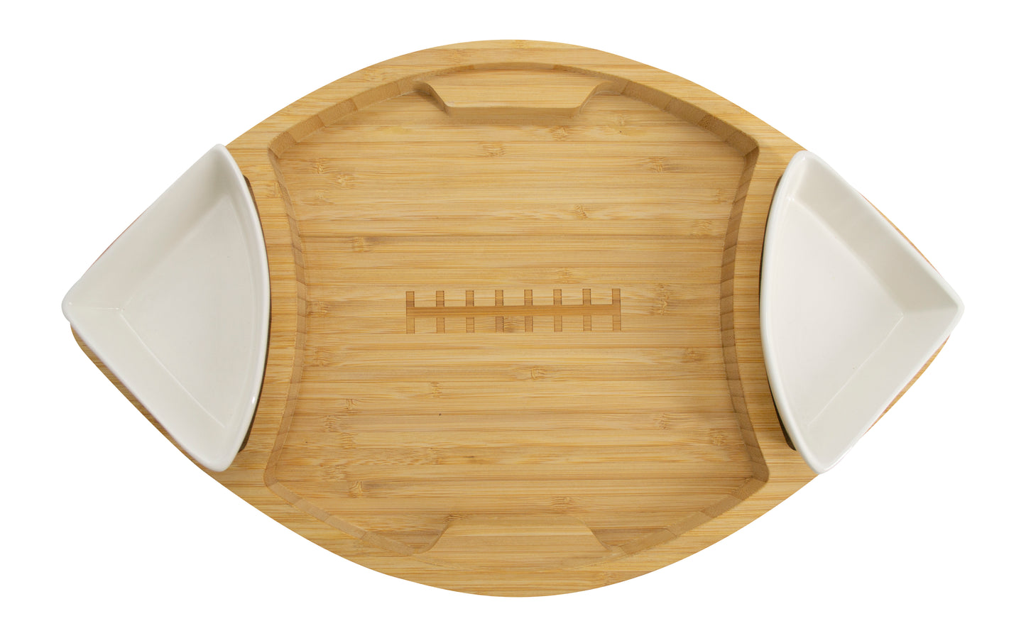 Football Shaped Bamboo Serving Tray with Ceramic Dip Bowls – Perfect for Game Day Appetizers & Snacks