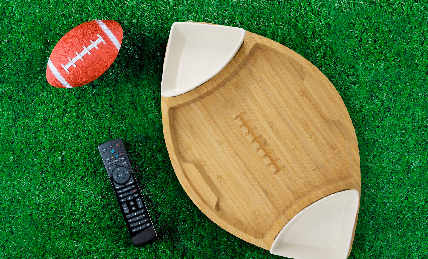 Football Shaped Bamboo Serving Tray with Ceramic Dip Bowls – Perfect for Game Day Appetizers & Snacks