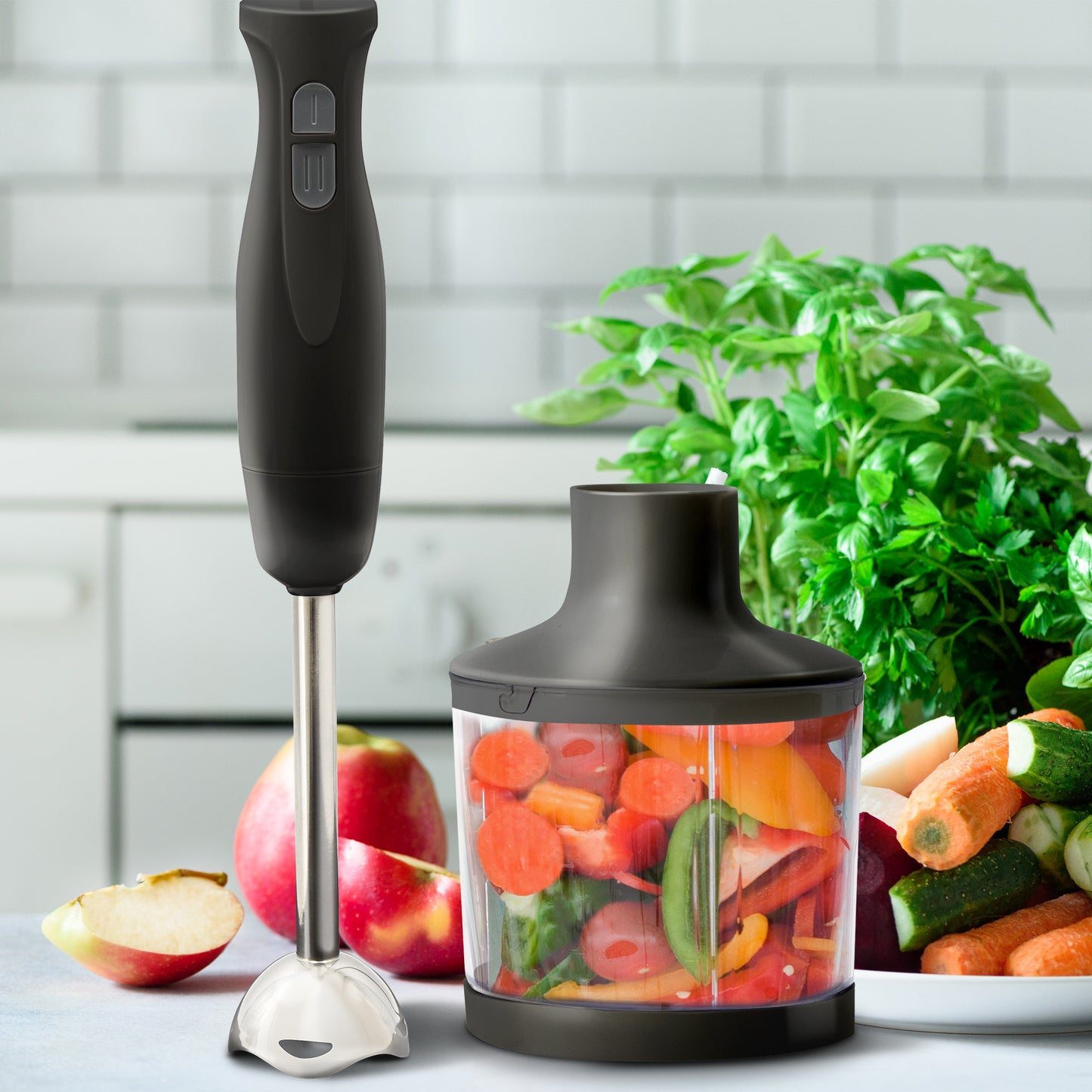 Immersion Hand Blender with Whisk Attachment, Measuring Cup & Chopper | Heavy Duty, Black
