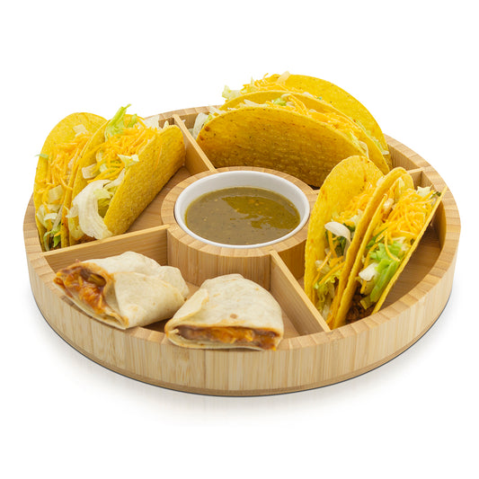 Bamboo Taco Platter with Ceramic Dip Cup – Perfect for Tacos, Nachos, and Mexican Dishes