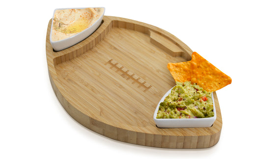 Football Shaped Bamboo Serving Tray with Ceramic Dip Bowls – Perfect for Game Day Appetizers & Snacks