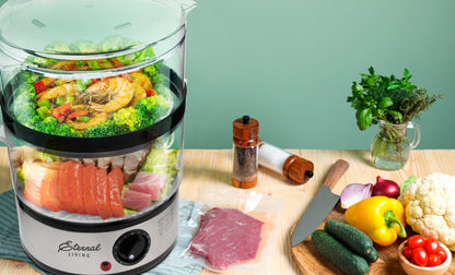 Easy-to-Use Two-Tier Food Steamer with Auto Timer – Perfect for Healthy Family Meals