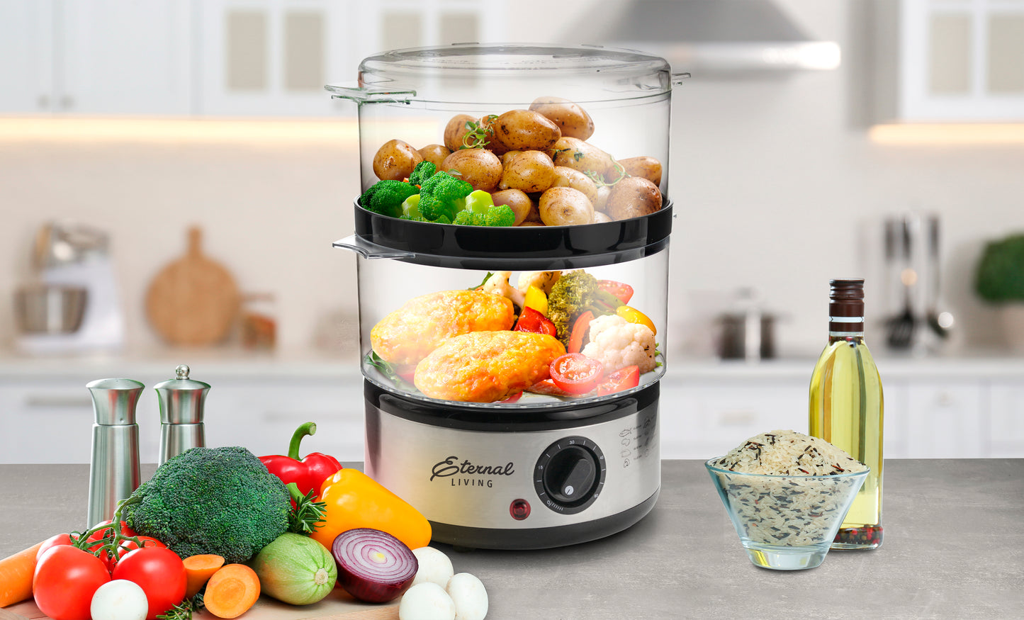 Easy-to-Use Two-Tier Food Steamer with Auto Timer – Perfect for Healthy Family Meals