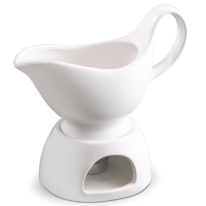 Porcelain Gravy Sauce Boat with Stand & Candle – Keeps Sauces Warm in Elegant Style