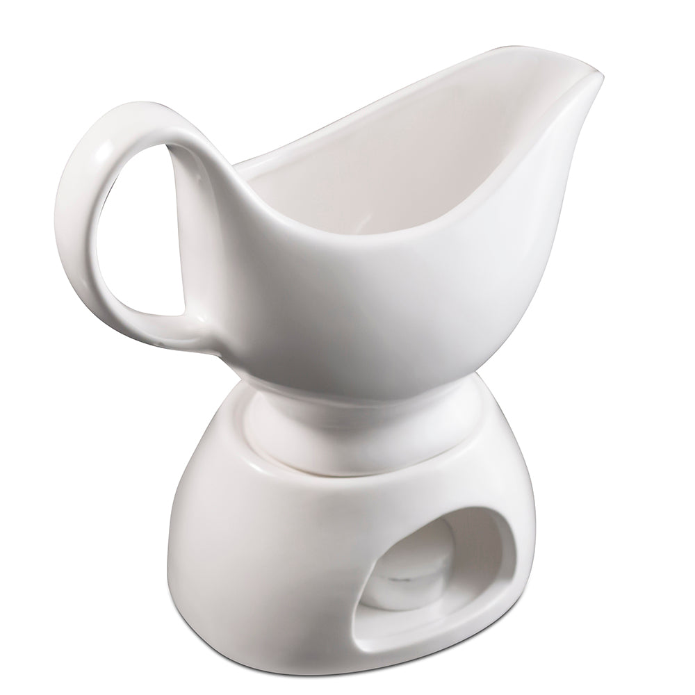 Porcelain Gravy Sauce Boat with Stand & Candle – Keeps Sauces Warm in Elegant Style