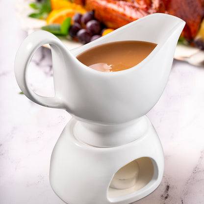 Porcelain Gravy Sauce Boat with Stand & Candle – Keeps Sauces Warm in Elegant Style