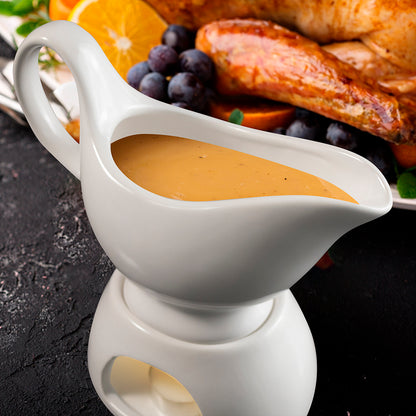 Porcelain Gravy Sauce Boat with Stand & Candle – Keeps Sauces Warm in Elegant Style