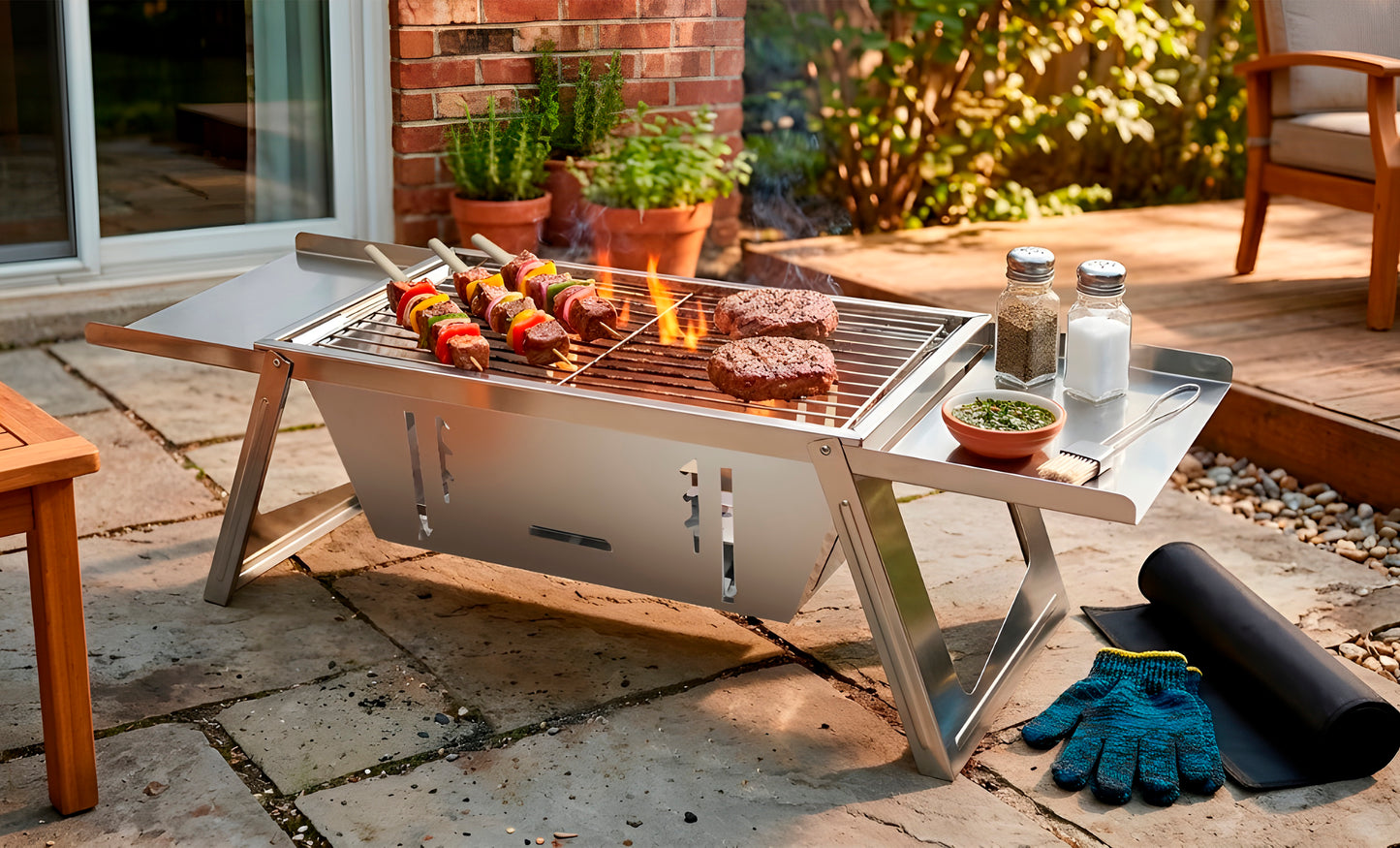 Portable BBQ Grill with Bag,Glove and 4 Skewers