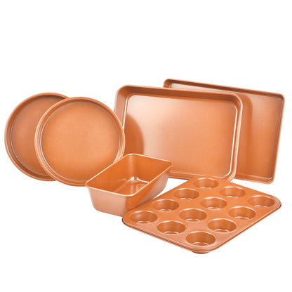 6pc Premium Bake Set (Cake Pans, Cupcake Tray, & Cookie Sheets, 6 Piece) Copper