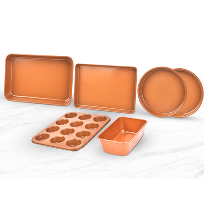 6pc Premium Bake Set (Cake Pans, Cupcake Tray, & Cookie Sheets, 6 Piece) Copper