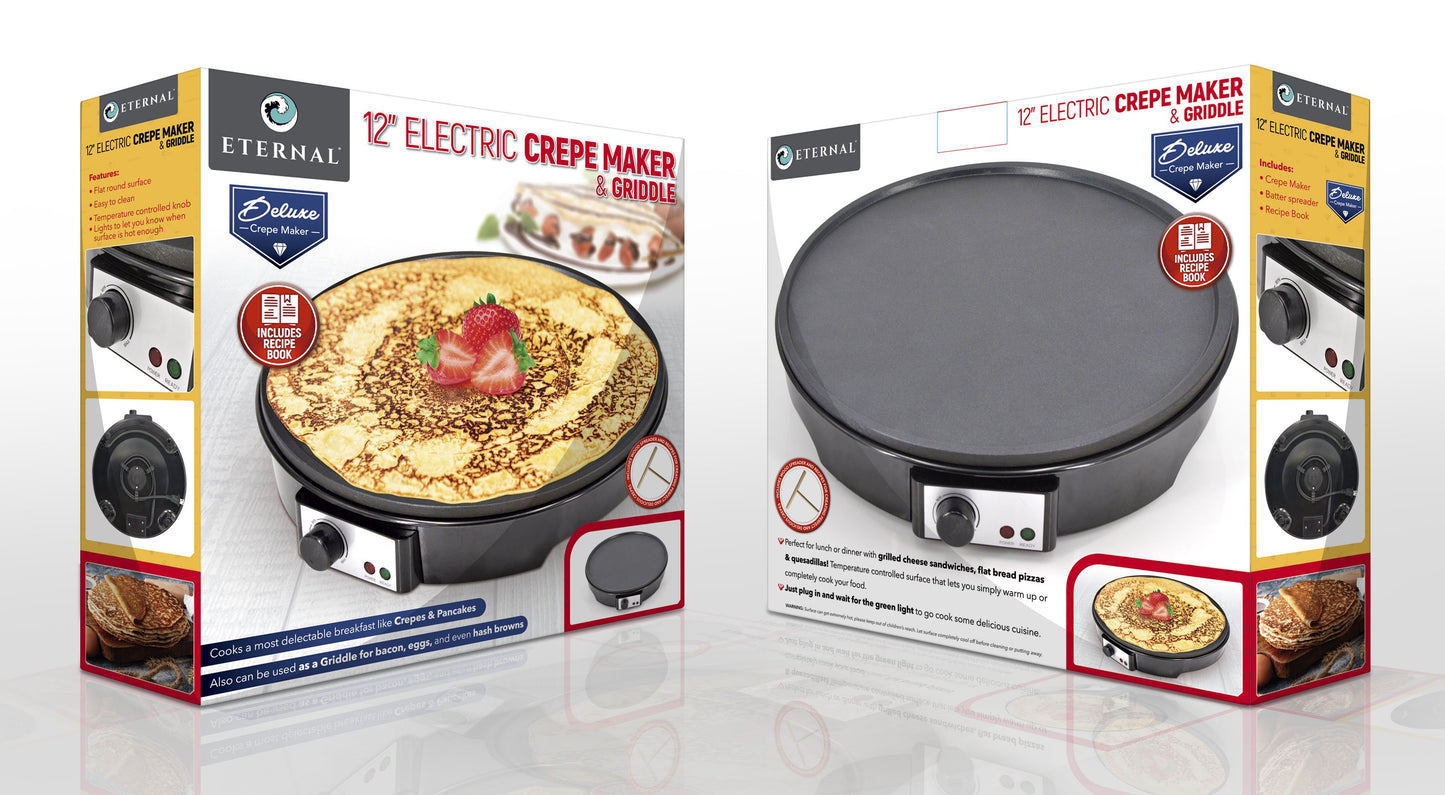 12-Inch Nonstick Electric French Crepe Maker with Recipe Book and Wooden Spatula