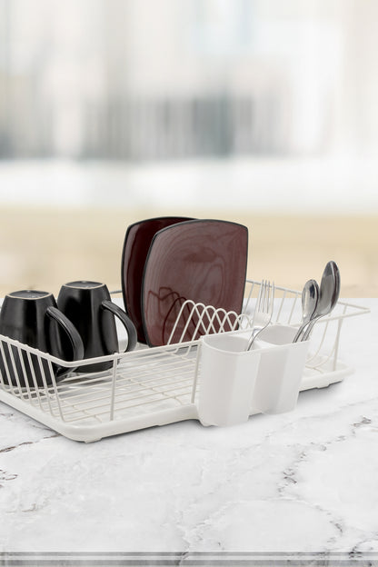 Dish Drainer Rack with Drain Mat | Stainless Steel Countertop Drying Rack with Draining Tray, White