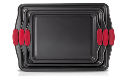 Eternal Living Non Stick Baking Pans Cookie Sheets for Baking with Red Silicone Handles 3pc Set Large, Black