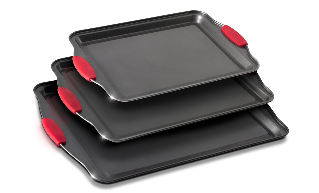 Eternal Living Non Stick Baking Pans Cookie Sheets for Baking with Red Silicone Handles 3pc Set Large, Black